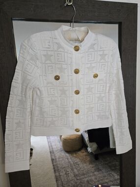 Balmain Paris White Monogram Knit Cardigan Jacket Gold Buttons Size L